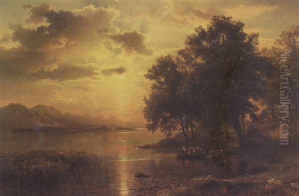 Seelandschaft Mit Sonnenuntergangsstimmung Oil Painting by August Friedrich Kessler