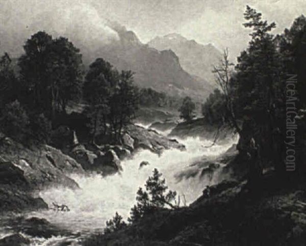 A Fisherman Along The Bank Of A Roaring River Oil Painting by August Friedrich Kessler