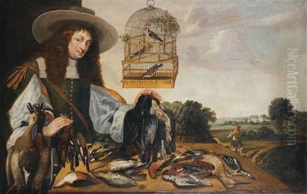 Portrait D'un Chasseur Devant Une Table Recouverte De Gibier: Becasse, Pic-vert, Perdrix Rouges, Bouvreuil, Perdrix Grises Et Canards Oil Painting by Stephan Kessler