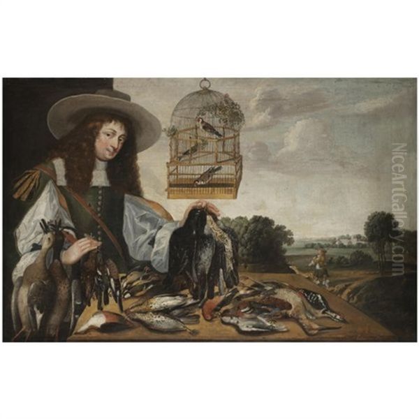 A Huntsman With The Spoils Of The Chase And Three Finches In A Birdcage, A Landscape With A Castle Beyond Oil Painting by Stephan Kessler