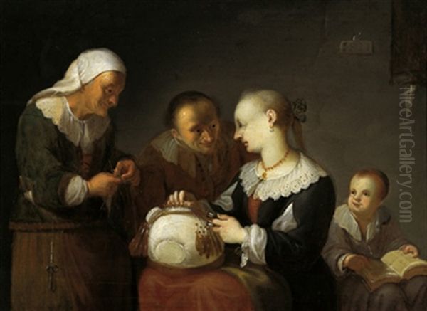 Eine Judische Familie; Die Mutter Des Kleinen Lesenden Buben Beim Spitzenkloppeln Oil Painting by Stephan Kessler