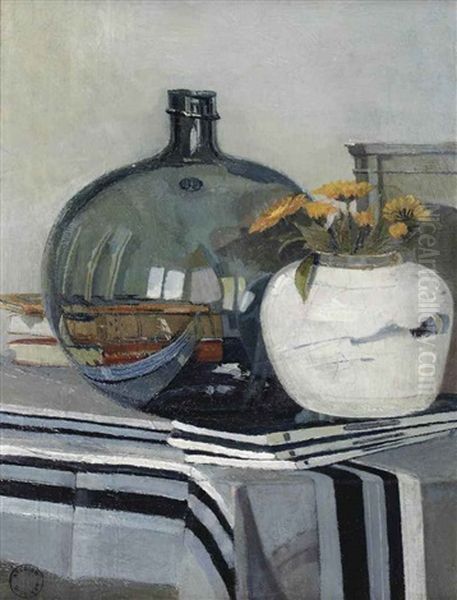 Stilleven Met Boeken, Zoutzuurfles, Bloemen In Gemberpot Op Gestreept Tafelkleed Oil Painting by Dick Ket