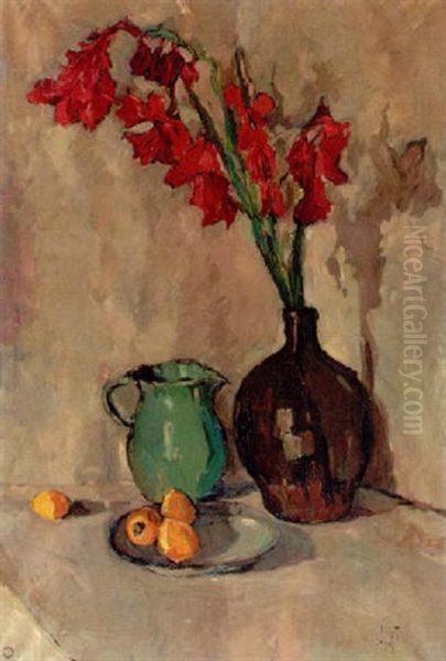 A Still Life With Amaryllis In A Glass Vase, A Green Jar And Lemons On A Plate Oil Painting by Dick Ket