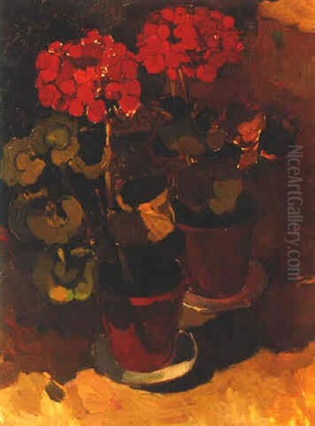 Stilleven Met Twee Geraniums Op Witte Schotels Oil Painting by Dick Ket