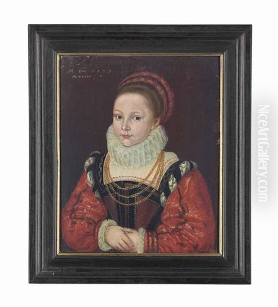 Portrait Of Elizabeth Smythe, Aged 7, Half-length, In A Brown And Black Dress With Red Sleeves, A Ruff, A Red Headdress, And A Gold Chain Oil Painting by Cornelis Ketel