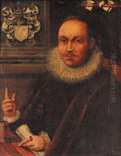 Portrait Of A Gentleman In A Fur-lined Cloak And White Ruff, Holding A Scroll In His Left Hand, In A Library Interior Oil Painting by Cornelis Ketel