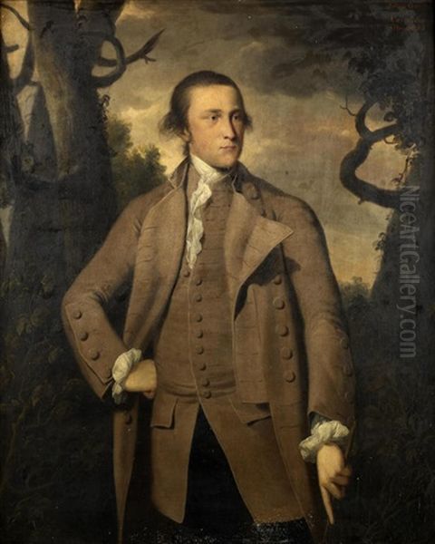 Portrait Of John Owen Of Penrhos, Three-quarter-length, In A Brown Coat Holding A Riding Crop, Standing Before A Landscape Oil Painting by Tilly Kettle