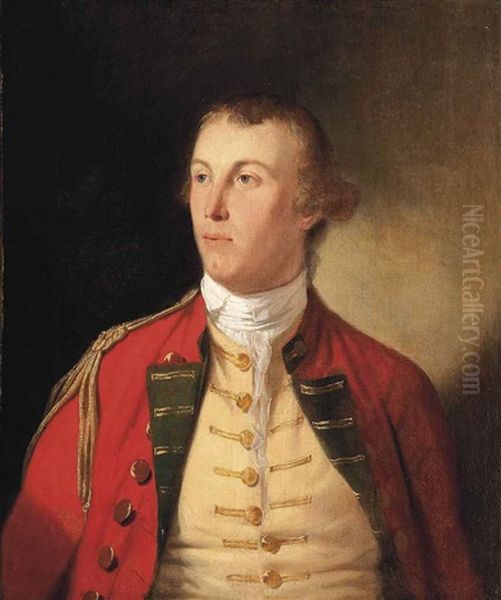 Portrait Of An Infantry Officer, Probably In The Uniform Of An East India Company Regiment, Half-length, In A Red Coat With Green Facings Oil Painting by Tilly Kettle