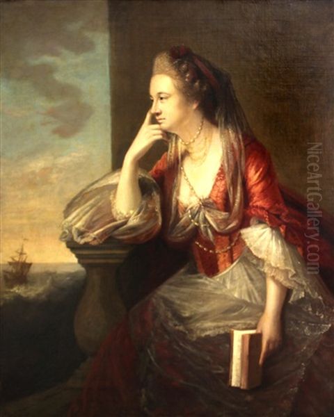 A Portrait Of A Lady, Thought To Be Maria, Duchess Of Gloucester, Three-quarter Length, Seated By A Balustrade, A Sailing Ship In The Distance Oil Painting by Tilly Kettle