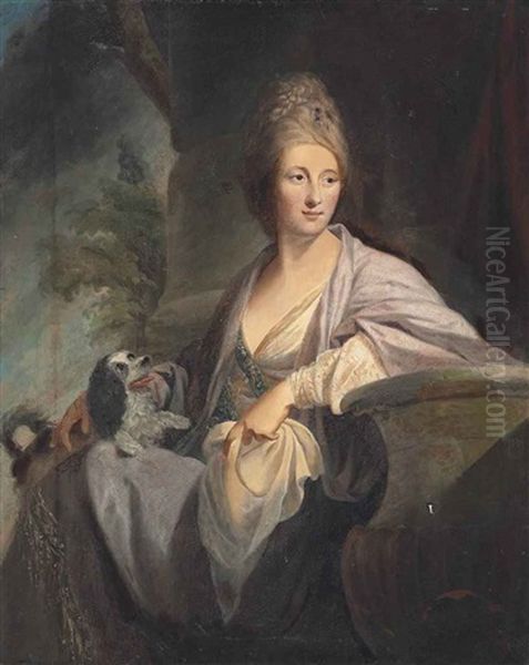 Portrait Of A Lady, Three-quarter-length, In A White Dress, Seated In A Landscape With A Spaniel Oil Painting by Tilly Kettle