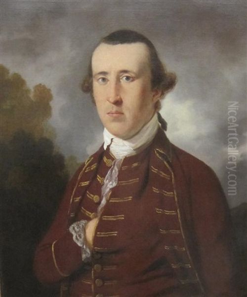 Portrait Of A Gentleman (warren Hastings?), Wearing A Brocaded Coat, A Landscape Beyond Oil Painting by Tilly Kettle