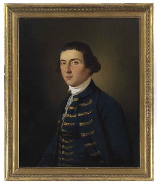 Portrait Of A Young Man In Blue Coat And Waistcoat With Gold Embroidery Oil Painting by Tilly Kettle