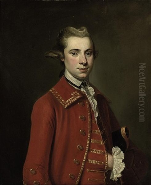 Portrait Of A Gentleman, In A Burgundy Coat And Waistcoat, With A Tricorn Hat Under His Left Arm by Tilly Kettle