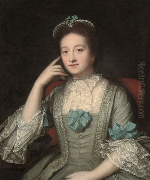 Portrait Of A Lady, Half-length, In A Blue Dress With Lace Collar And Cuffs Oil Painting by Tilly Kettle