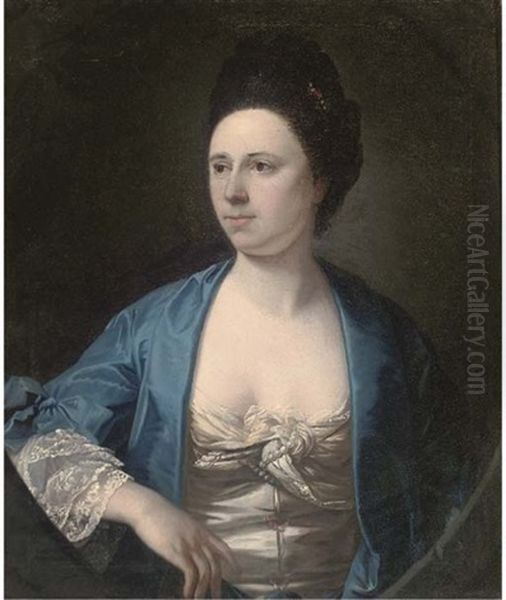 Portrait Of A Lady, Half-length, In A Blue Gown And White Dress With Pearls Oil Painting by Tilly Kettle