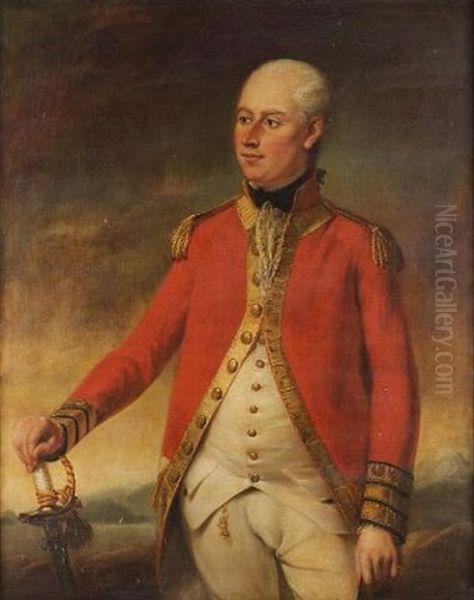 Portrait Of An Officer Of The Foot Guards, Standing Three-quarter-length, In A Scarlet Frock Coat, With His Hand Resting On The Hilt Of His Sword, A View To A Landscape Beyond Oil Painting by Tilly Kettle