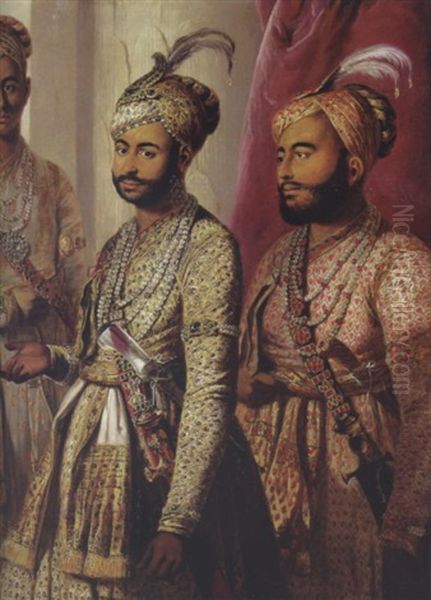 Portrait Of Umdat-ul-umara And Amir-ul-umara, The Two Sons Of Nawab Muhammad Ali Khan Of Arcot And The Carnatic, Wearing Embroidered Costumes, Plumed Turbans And Jewellery Oil Painting by Tilly Kettle