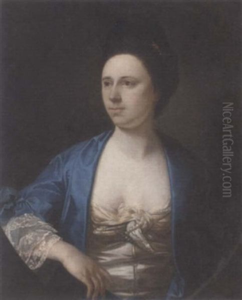 Portrait Of A Lady, In A Blue Gown And White Dress With Pearls Oil Painting by Tilly Kettle