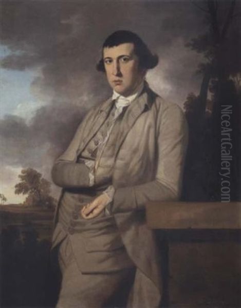 Portrait Of A Gentleman Wearing A Grey Suit, Leaning On A Pediment In An Indian Landscape Oil Painting by Tilly Kettle