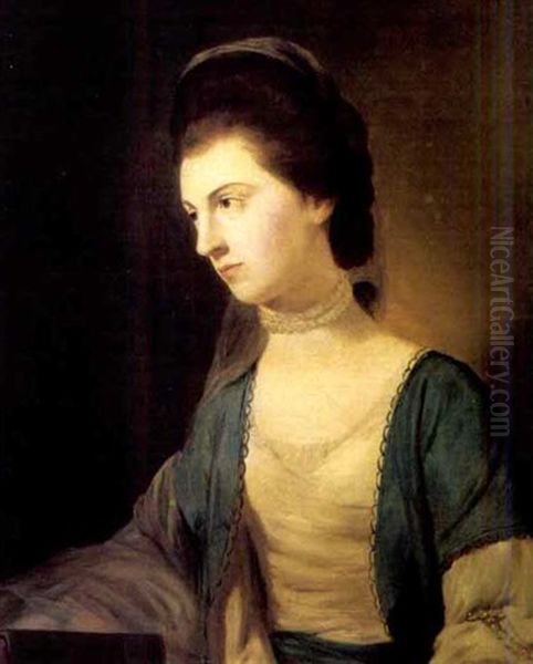 Portrait Of Eliza Henchman Wearing A Pearl Necklace And A Blue And White Dress Embroidered With Pearls Oil Painting by Tilly Kettle