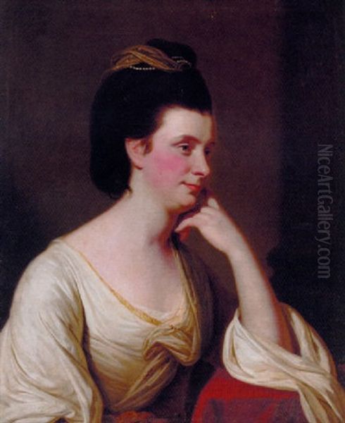 Portrait Of Mary Gibbons In A Cream Dress With Yellow Trim, Resting Her Left Arm On A Draped Table Oil Painting by Tilly Kettle