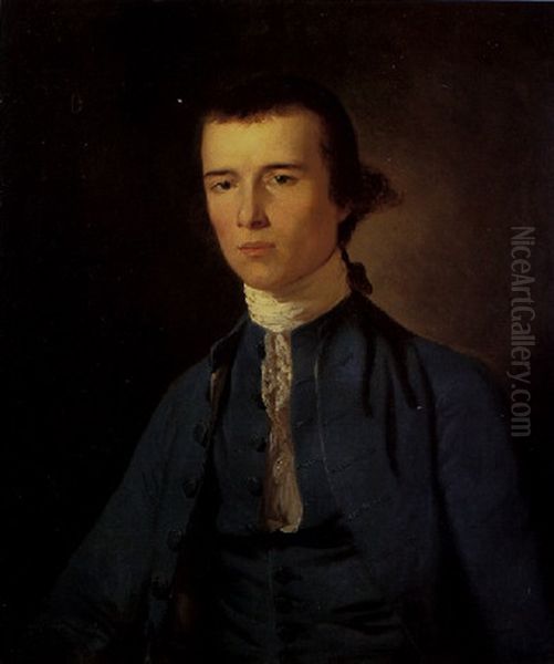 Portrait Of A Gentleman Wearing A Blue Coat, Waistcoat And White Stock Oil Painting by Tilly Kettle