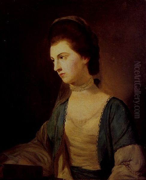 Portrait Of Eliza Henchman Wearing A Pearl Necklace And Blue And White Dress Embroidered With Pearls, A Book On A Table Beside Her Oil Painting by Tilly Kettle