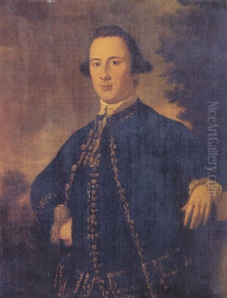 Portrait Of A Gentleman Standing And Wearing An Embroidered Blue Coat And Waistcoat Oil Painting by Tilly Kettle