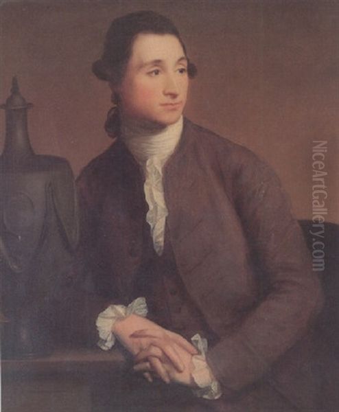 Portrait Of Thomas Rogers Wearing A Brown Coat, Resting On A Ledge, Next To An Urn Oil Painting by Tilly Kettle