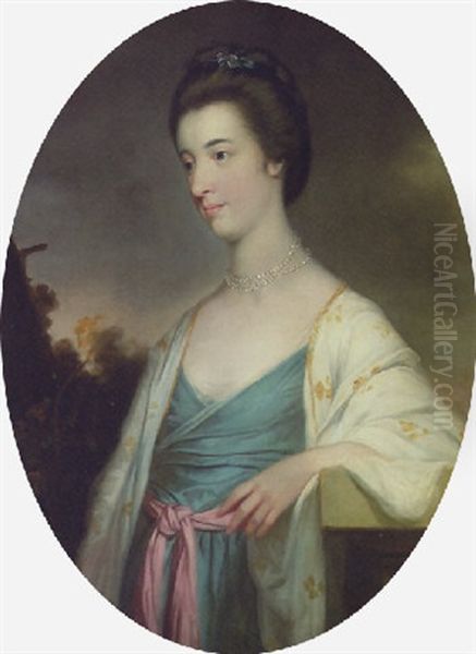 Portrait Of Mary Aubrey Of Rathcoffey, Co. Kildare, In A Blue Dress And White Embroidered Wrap Oil Painting by Tilly Kettle