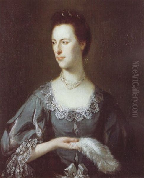 Portrait Of Lady Holt In Pearls, Wearing A Blue Dress With Slashed Sleeves And Bodice And Holding An Ostrich Feather Oil Painting by Tilly Kettle