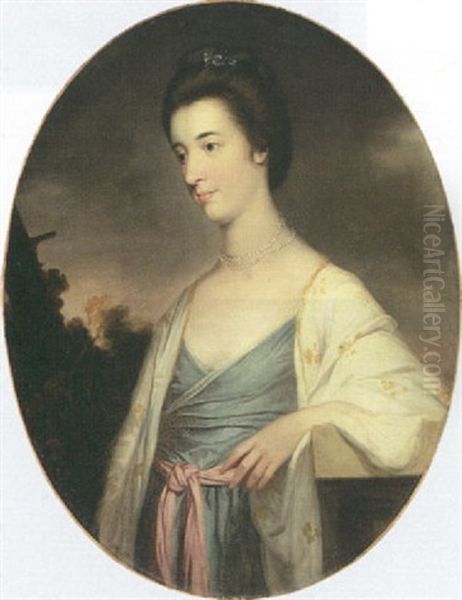 Portrait Of Miss Cauldwell In A Blue Dress, Pink Sash And White Wrap, By A Stone Ledge, A Landscape Beyond Oil Painting by Tilly Kettle