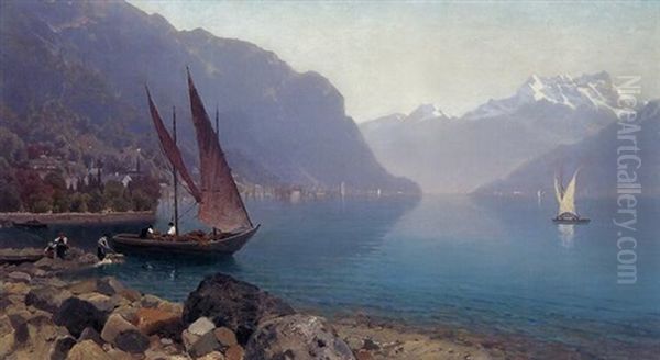 Gardasee (blick Nach Norden Im Hintergrund Das Gebirgsmassiv Des Monte Stivo?) Oil Painting by Marie von Keudell