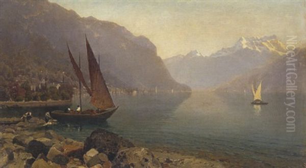 Gardasee - Blick Nach Norden (im Hintergund Das Gebirgsmassiv Des Monto Stivo?) Oil Painting by Marie von Keudell