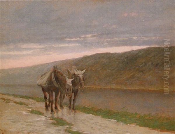 Mules By River In Landscape Oil Painting by Vital Keuller