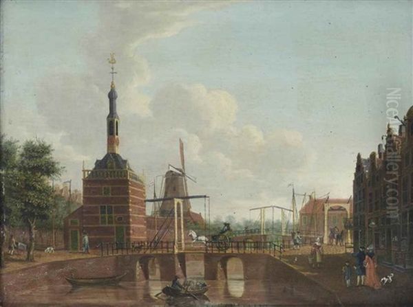 A View Of A Alkmaar, With The 'accijnstoren' On The Bierkade And The Mill 'de Bul', Carriages On The Bridges And Towns Folk At Their Daily Activities Oil Painting by Hendrik Keun