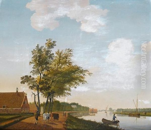 An Extensive River Landscape With A Drover And His Cattle On A Country Path (+ A Canal With Figures In A Barge And A Windmill Beyond; Pair) Oil Painting by Hendrik Keun