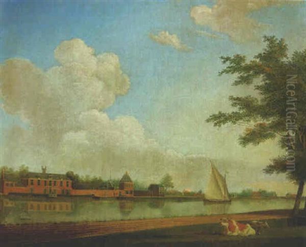 A Canal With Cattle Resting On A Bank, A Walled Mansion Beyond Oil Painting by Hendrik Keun