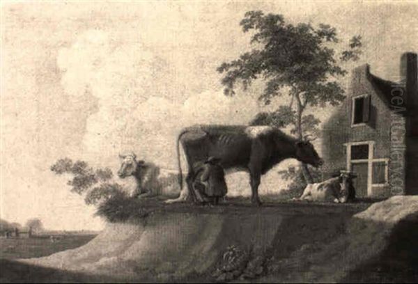 A Peasant Milking A Cow Near A Farm Oil Painting by Hendrik Keun