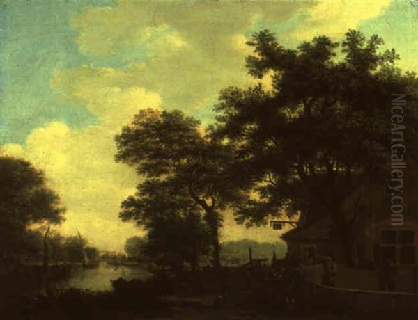 Summer Landscape With Men Conversing Ouside An Inn Oil Painting by Hendrik Keun