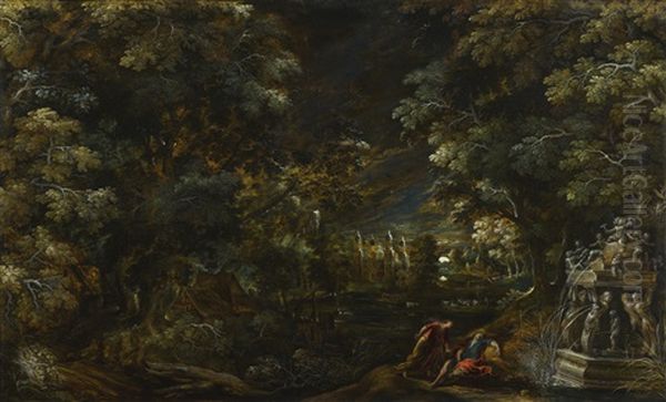 Landscape With Pyramus And Thisbe Oil Painting by Kerstiaen de Keuninck