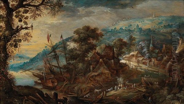 A Wooded Mountainous Landscape With A Shipyard Oil Painting by Kerstiaen de Keuninck