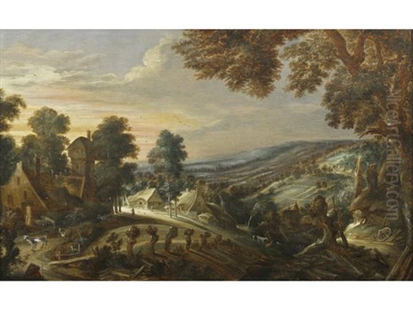 An Extensive Hilly Landscape With Farmsteads by Kerstiaen de Keuninck