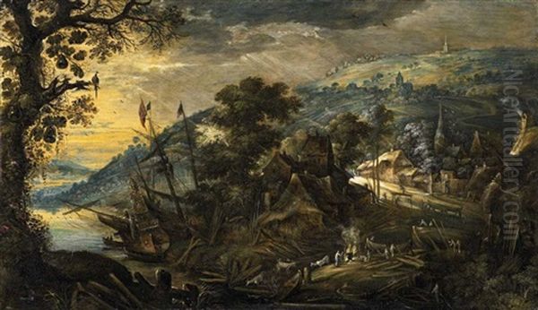 Landscape With Shipyard Oil Painting by Kerstiaen de Keuninck