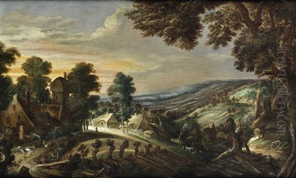 An Extensive Hilly Landscape With Farmsteads Oil Painting by Kerstiaen de Keuninck