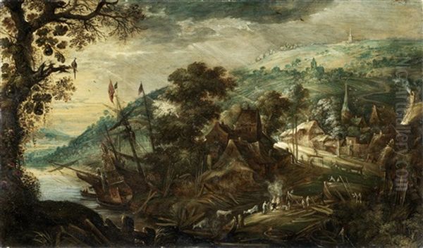 Figures Around A Fire, Before An Extensive River Landscape, With A Ship Moored In The Distance Oil Painting by Kerstiaen de Keuninck