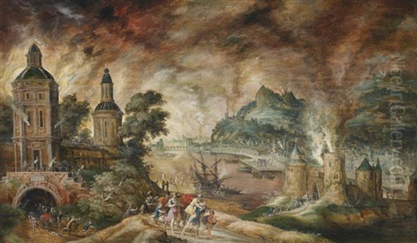 Landschaft Mit Aeneas, Der Seinen Vater Anchises Aus Dem Brennenden Troja Tragt Oil Painting by Kerstiaen de Keuninck