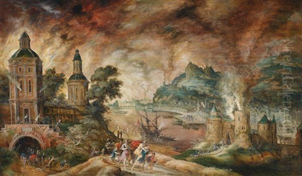 Landschaft Mit Aeneas, Der Seinen Vater Anchises Aus Dem Brennenden Troja Tragt Oil Painting by Kerstiaen de Keuninck