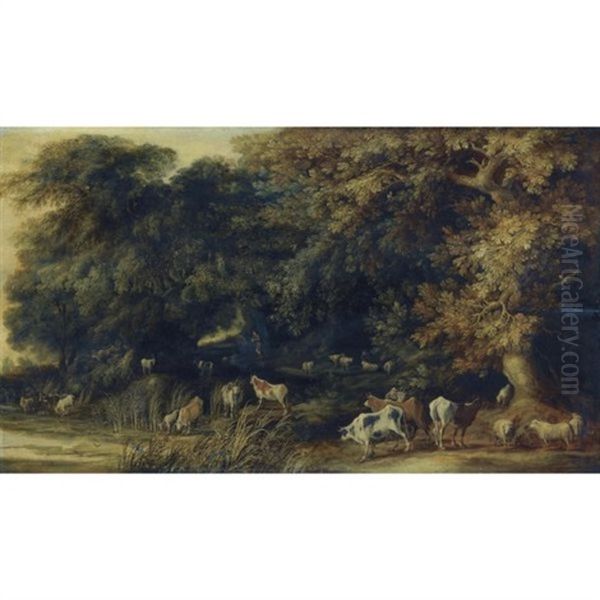 A Wooded Landscape With Animals Drinking At A Stream Oil Painting by Kerstiaen de Keuninck