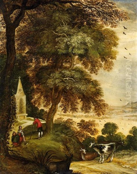 Waldlandschaft Mit Kuhen Und Wanderern Vor Einer Kapelle Oil Painting by Kerstiaen de Keuninck